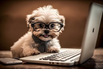 Puppy using laptop wearing tie and glasses created using AI Generative Technology