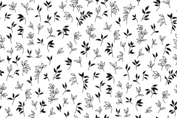 Leaf abstract seamless pattern. Exotic plant natural boundless wallpaper in ink style ornament. Botanical print with leaves, repeat scrapbook texture paper. Summer branch leaves nature decoration