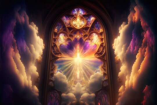 Stained Glass Window and Cloud Heavenly Abstraction, Ai Generated Image of a Magical Heavenly Sky with a Stained Glass Window
