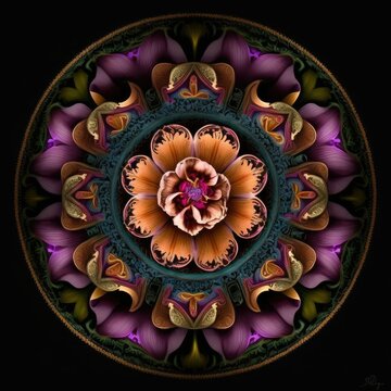 Violet Spring Flower Mandala, Ai Generated Image of a Mandala made of Purple Iris, Orchid and Peony Flowers