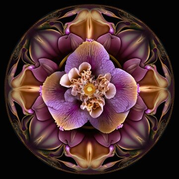 Violet Flower Mandala, Ai Generated Image of a Mandala made of Purple Iris, Orchid and Peony Flowers