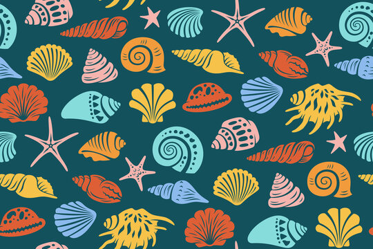 Sea shell nautical seamless pattern. Ocean underwater seashell conch aquatic mollusk sink print textile. Exotic spiral snail, marine starfish boundless background. Tropical scrapbook repeat ornament