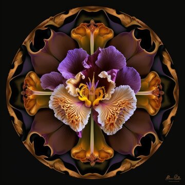 Violet Flower Mandala, Ai Generated Image of a Mandala made of Purple Iris, Orchid and Peony Flowers