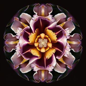 Violet Flower Mandala, Ai Generated Image of a Mandala made of Purple Iris, Orchid and Peony Flowers