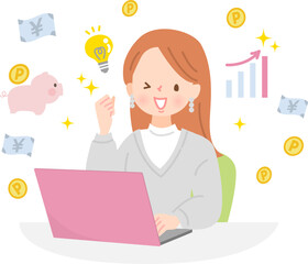 PCでポイ活する笑顔の女性のイラスト素材