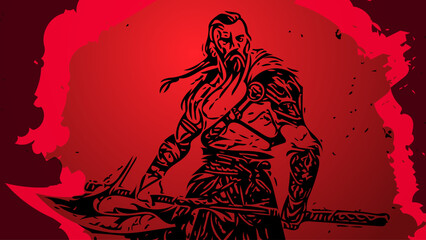 Fototapeta premium Medieval warrior berserk Viking with tattoo with axes attacks enemy. 