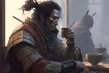 Samurai drinking tea created using AI Generative Technology