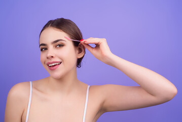 Mascara eyebrows. Natural beauty brows. Eyebrows coloring and lamination. Woman combing eyebrows....