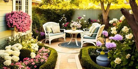 Modern back patio - garden and backyard with seating and place to entertain and cook - obrazy, fototapety, plakaty