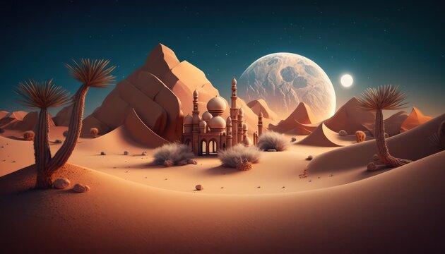 Ramadan 3D Render Landscape Background in the desert created by generative AI