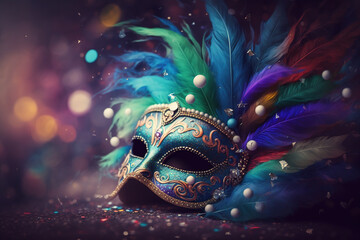 Carnival mask beaded and feathered mask with a blurred Confetti background. Generative AI