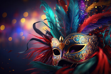 Carnival mask beaded and feathered mask with a blurred Confetti background. Generative AI