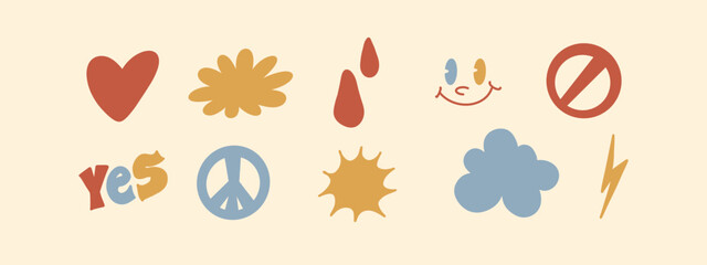 vector groove stickers collection, vintage clip art set, retro elements designs, Doodle elements. icon, diary and notebook stickers, heart, flower, drops, smile, mascot, yes!, peace, sun, cloud, flasf