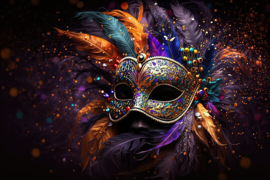 Carnival mask beaded and feathered mask with a blurred Confetti background. Generative AI