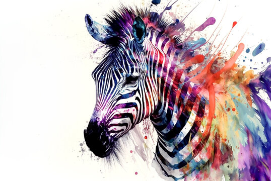Zebra portrait Watercolor paint art isolated on white. Generative AI