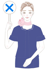 バツのサインを出すキャビンアテンダントの女性