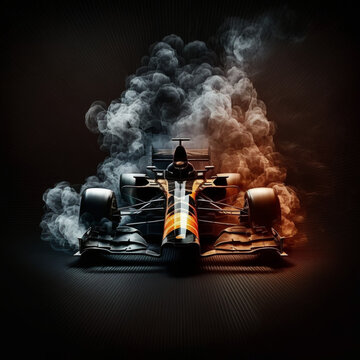 Modern Formula Bolid car ready to race on black background in smoke. Racing Sport. 3d render