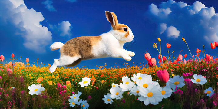 A fluffy bunny rabbit hopping through a floral field during the spring. Seasonal nature image