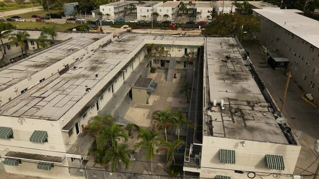 Aerial closeup video apartment housing in Overtown Miami