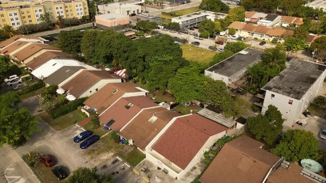 Aerial video Overtown Miami. Drone flying over townhomes in high crime neighborhoods