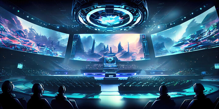Modern futuristic esports arena - empty arena with no people ready for competitive gaming and big crowds.