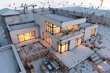 Architecture of modern house. architecture drawing Building exterior of contemporary villa. Private real estate. Colored flat graphic vector illustration isometric building on background
