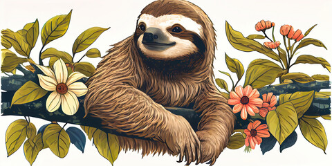 Happy smiling sloth - adorable and furry sloth with brown fur ready to do nothing all day