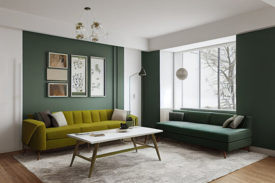 Sustainable Lifestyle Moss Green Mid Century Modern Living Room Interior with Staged Furniture and Spring Home Decor Made with Generative AI