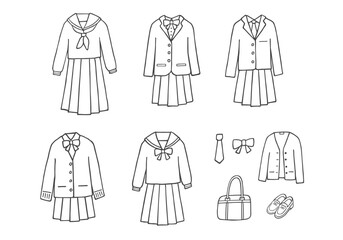 女子の制服の手描きイラストセット（モノクロ）