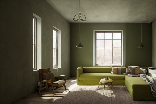 Moss Green Mid Century Modern Living Room Interior with Sustainable Organic Spring Sofa Made with Generative AI