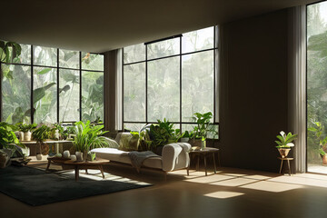 Cozy Mid Century Jungle Oasis Living Room Interior with Indoor Plants in Spring Made with Generative AI