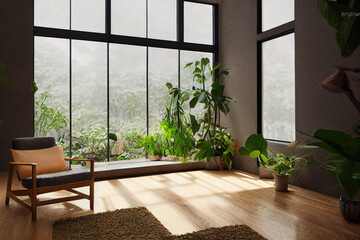 Cozy Mid Century Jungle Oasis Living Room Interior with Indoor Plants in Spring Made with Generative AI