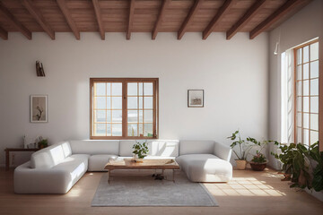 Fototapeta na wymiar Beautiful White Spanish Modern Luxury Living Interior in Spring with Sustainable Living Wood Made with Generative AI