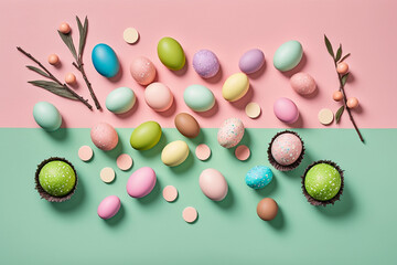 Colorful, colored easter eggs on table top, top view, solid color background