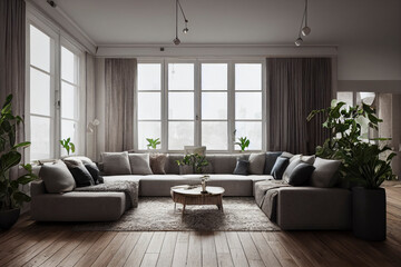 White Traditional Modern Sustainable Luxury Living Room with Hardwood Floors in Spring Made with Generative AI