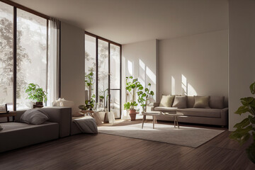 Sunny Sustainable Family Room Interior with Earth Tone Furniture Made with Generative AI