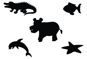 Silhouettes of alligator and sea animals on a white background vector illustration