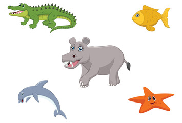 Cartoon sea animals set, cute funny alligator, fish, hippo, dolphin and starfish vector flat.