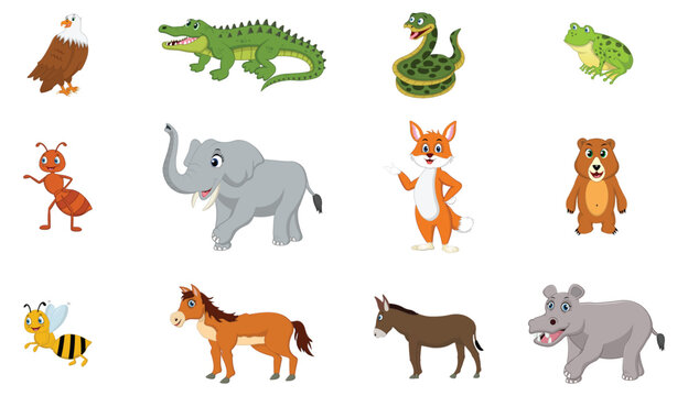 Cute cartoon wild animals set eagle, elephant, alligator, snake, etc isolated vector illustrations.