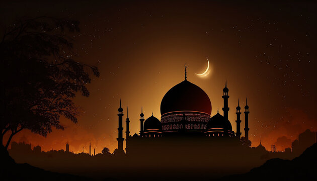Mosque silhouette under a starry night sky