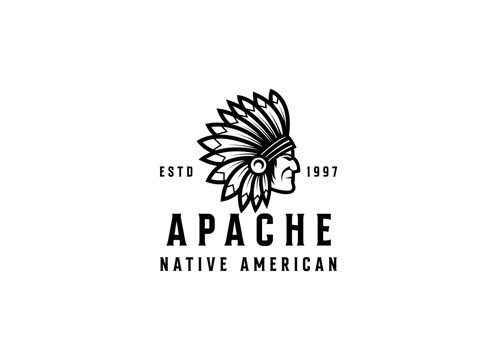 Native American Indian Chief head profile . Mascot sport team logo. Hand lettering . Vector illustration logotype