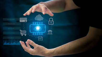 Businessmen touch network cloud computing icon cloud technology cloud data transmission And online storage of business networks.