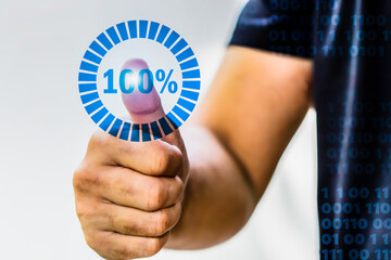 Male businessmen hold up their thumbs 100%, The concept of customer satisfaction, customer...