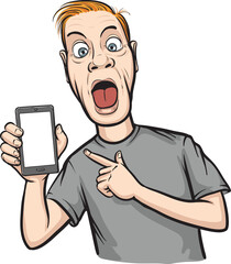 crazy man showing a mobile app on a smart phone - PNG image with transparent background