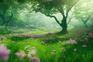 Dreamy Beautiful Idyllic Wild Garden in Forest with Wildflowers in Spring Made with Generative AI