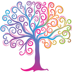 Vector stylized colorful tree with rainbow curls and polka dots on a white background.