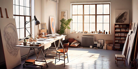 A modern art studio - creativity abound in this room full of supplies and brainstorming space by generative AI