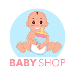 Baby shop logo concept. Cute infant baby with giant milk bottle in flat design.