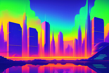 futuristic night city. cityspace on a colorful background with a bright and glowing neon lights, generative ai