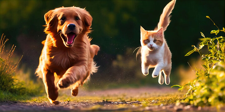 golden dog chase cat